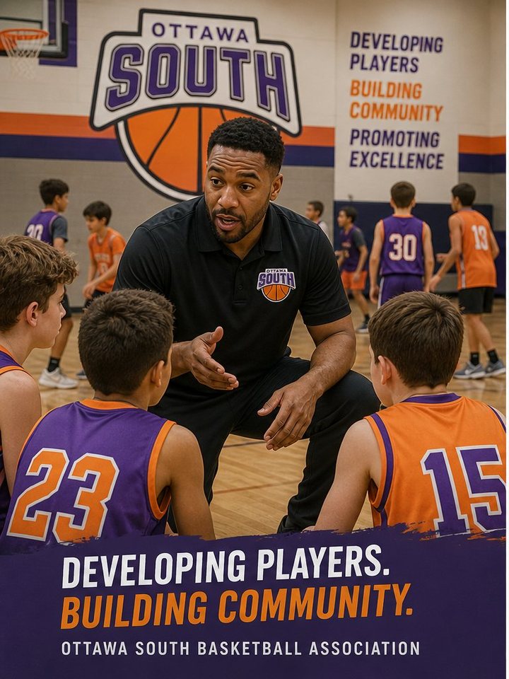 OSBA volunteer coach instructing two young players in OSBA jerseys during practice
